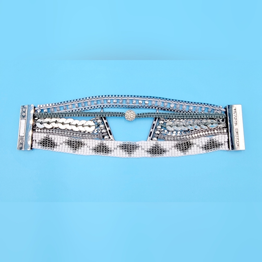 Victoria Emerson Beaded Silver/White/Gray Magnetic Clasp Apple Watch Band